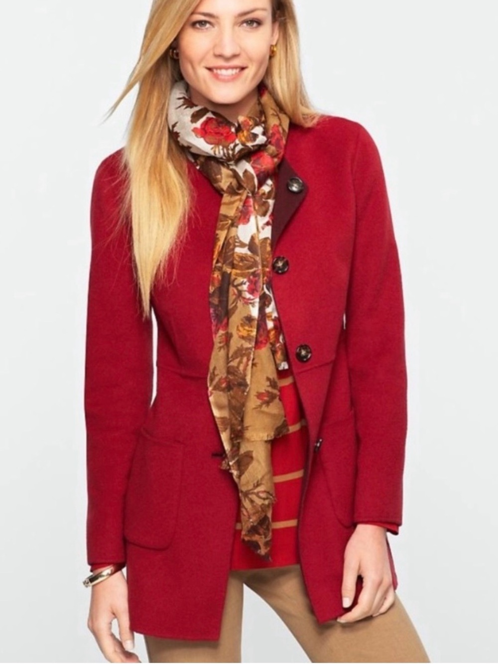 Talbots Reversible Double Faced Classic Brushed Wool Coat Red Maroon Pockets 16